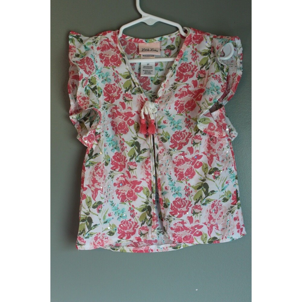 Little Lass Toddler Girl's Floral Flutter Sleeve Tie-front Pink Top Size 3T